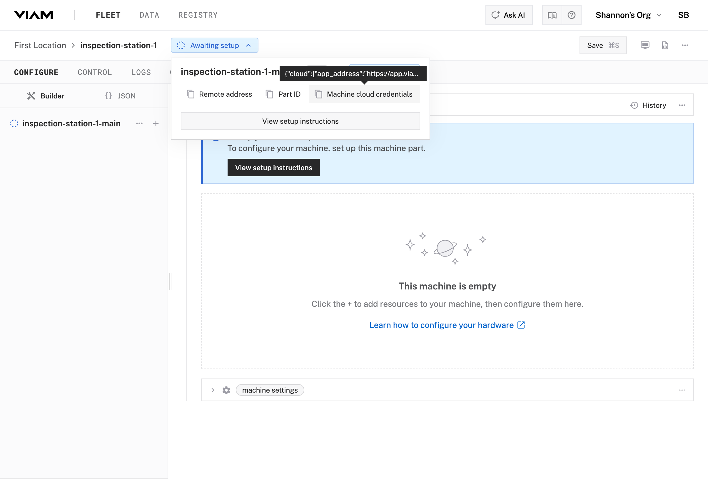 Viam app showing the Awaiting setup dropdown with Machine cloud credentials option.